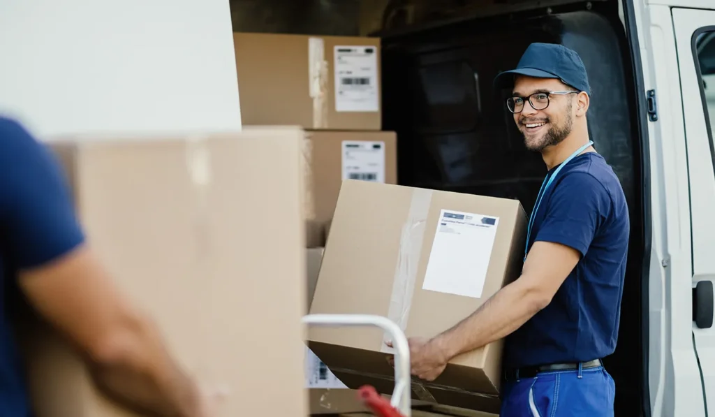 young-happy-manual-worker-carrying-cardboard-boxes-delivery-van-while-communicating-with-his-colleagues kopie